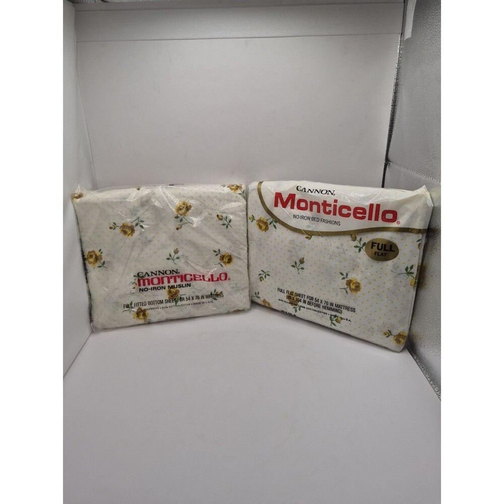 Vtg Cannon Monticello Full Flat And Fitted Sheet Set Yellow Flowers Rose Dream